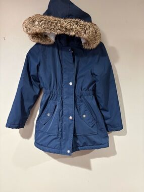 Kids Navy Hooded Winter Parka with Faux-Fur Trim
